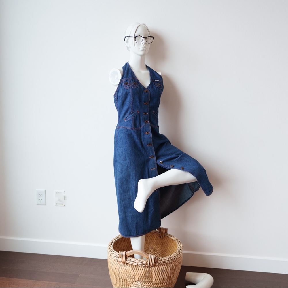 VINTAGE FALMERS Halter Midi Dress, Indigo Blue